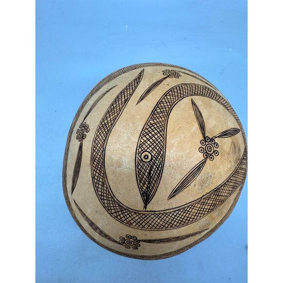 Handcrafted Gourd large Bowl With Intricate Black Geometric Designs 12x10" READ - Picture 10 of 12